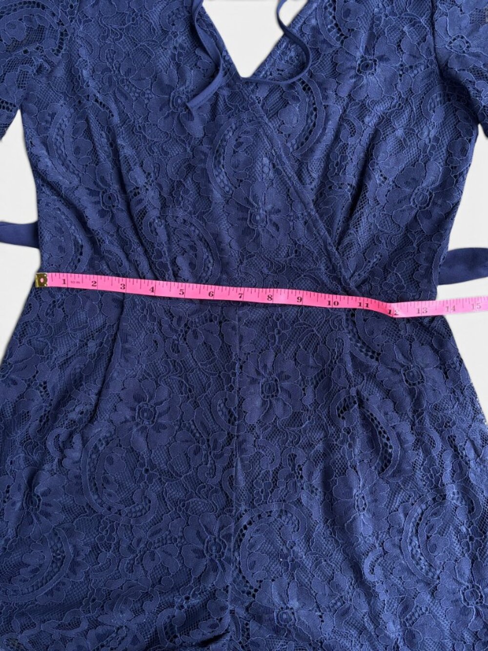 Blue Rain Navy Blue Lace Romper Wrap Front Tie Waist Flutter Sleeve Size Small - Picture 11 of 16